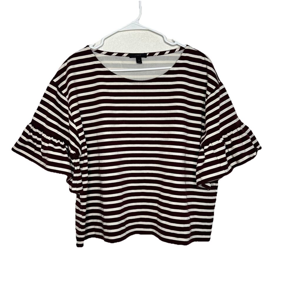 J. Crew Ruffle Bell Sleeve Wine White Striped Shirt Top 100% Cotton XL Aa7